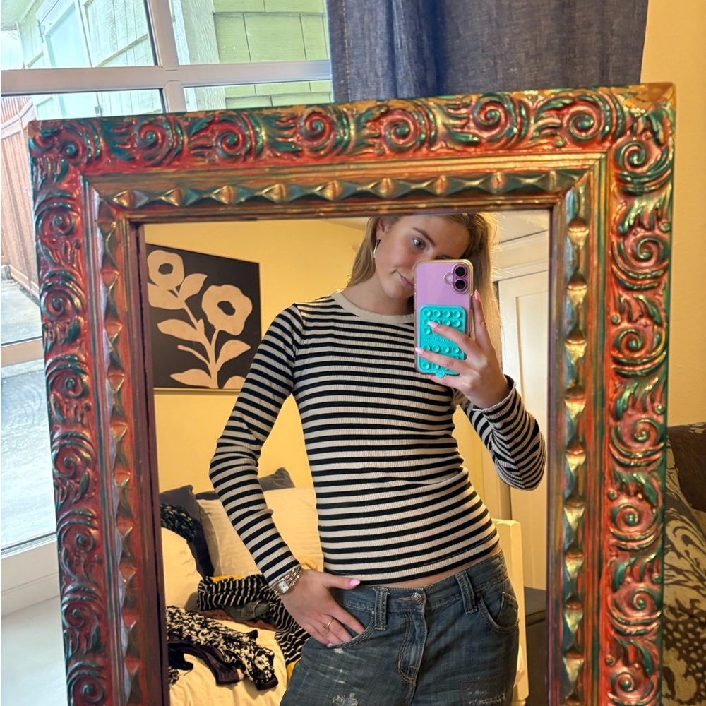 Free People Black and White Striped Long Sleeve Top